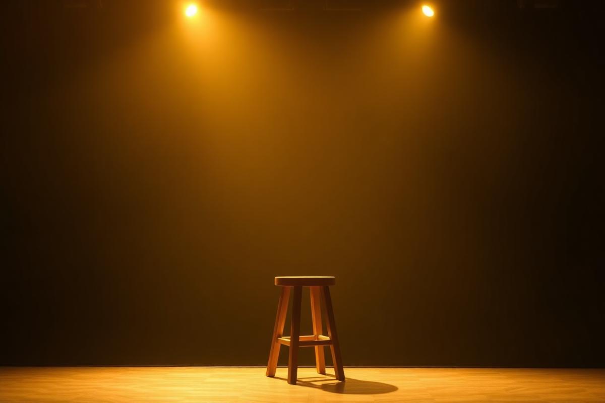 A warmly lit stage with a single wooden stool